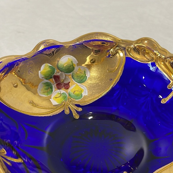 BOHEMIAN CRYSTAL BASKET 24K gold Moser Vintage Czech Cobalt Blue Enamel Painted - Picture 7 of 16